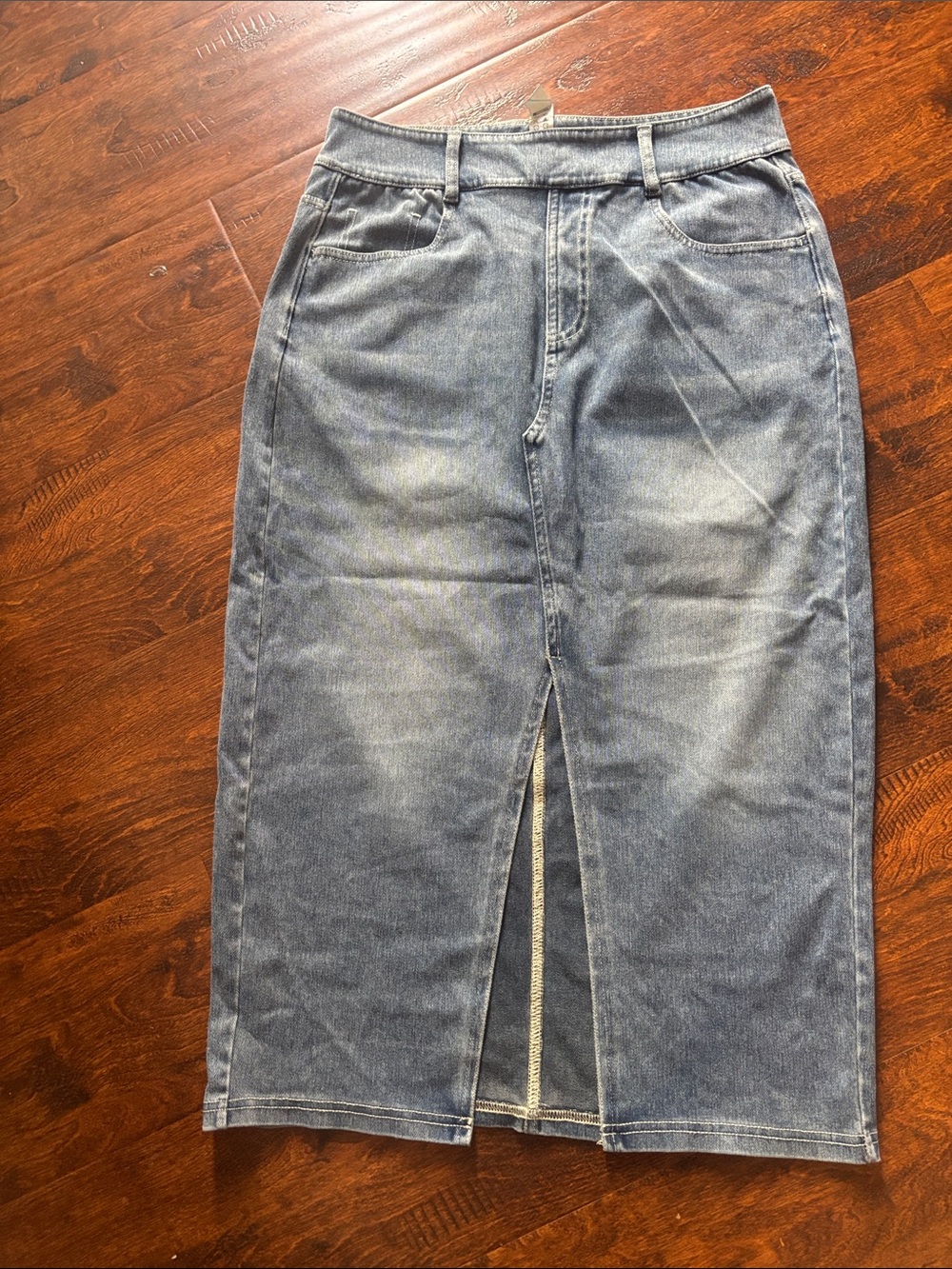 HALARA Washed Blue Denim Midi Skirt with Front Slit